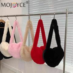 Women Tote Bag Love Heart Plush Shoulder Handbags Soft Fluffy Purses