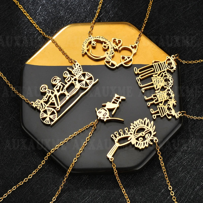 Auxauxme Children's Drawing Necklace Stainless Steel Kid's Art
