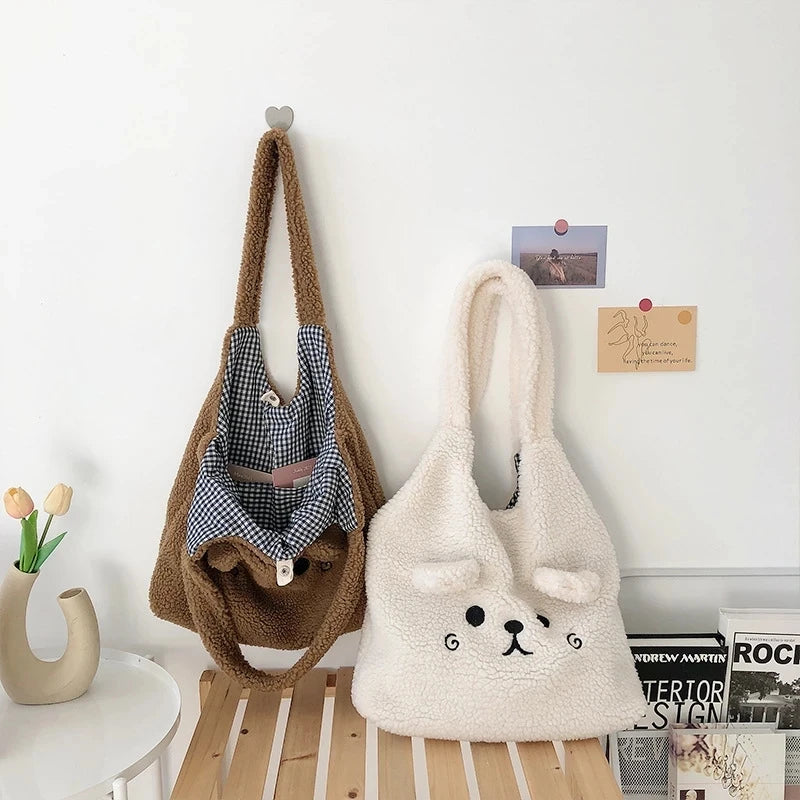 Winter Plush Tote Bag Women Embroidery Lamb Hair Shoulder Bag