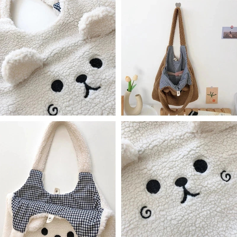 Winter Plush Tote Bag Women Embroidery Lamb Hair Shoulder Bag