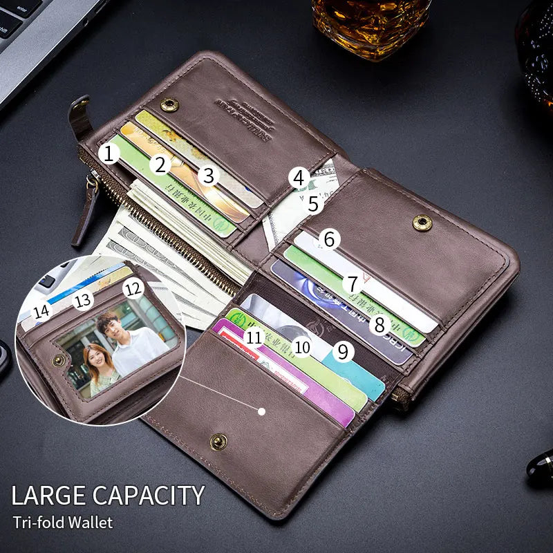 Men's RFID Zipper Wallet with Smart Buckle