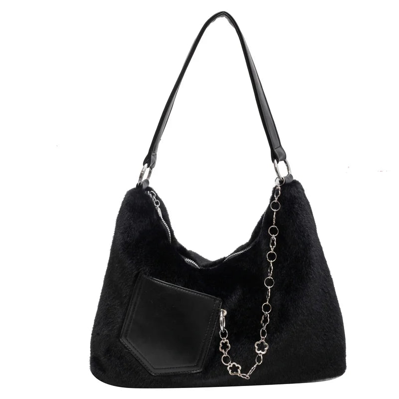 Large Capacity Chain Shoulder Bag Plush Handbag For Women