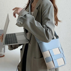Leather Patchwork Canvas Women's Crossbody Bucket Bag