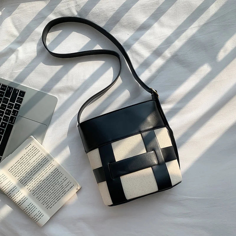 Leather Patchwork Canvas Women's Crossbody Bucket Bag