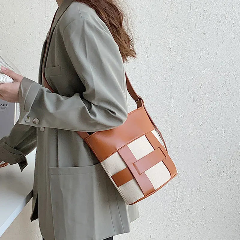 Leather Patchwork Canvas Women's Crossbody Bucket Bag