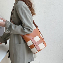Leather Patchwork Canvas Women's Crossbody Bucket Bag