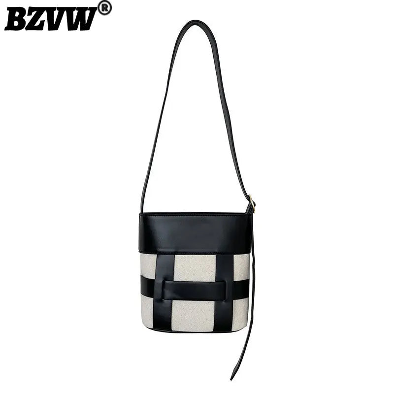 Leather Patchwork Canvas Women's Crossbody Bucket Bag