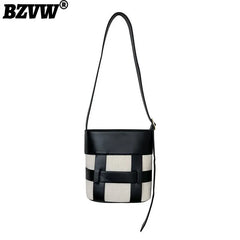 Leather Patchwork Canvas Women's Crossbody Bucket Bag