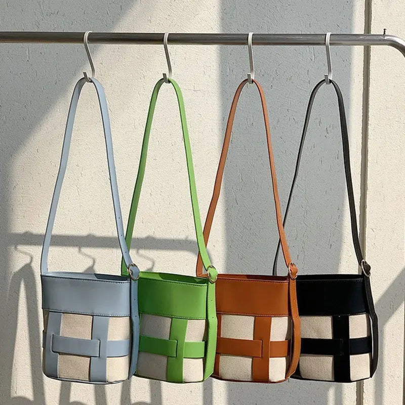 Leather Patchwork Canvas Women's Crossbody Bucket Bag