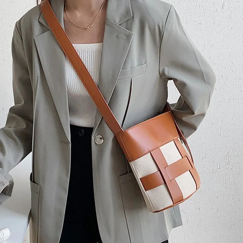 Leather Patchwork Canvas Women's Crossbody Bucket Bag