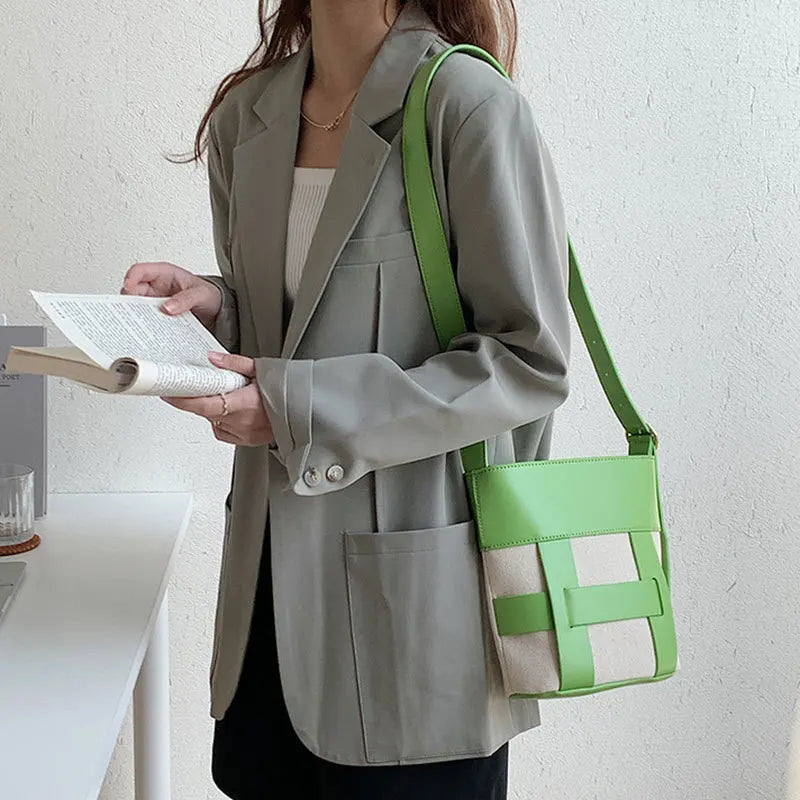 Leather Patchwork Canvas Women's Crossbody Bucket Bag