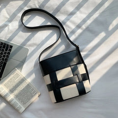 Leather Patchwork Canvas Women's Crossbody Bucket Bag