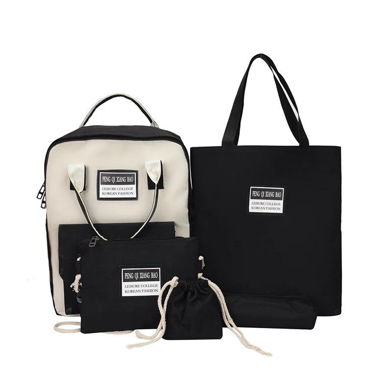 5-Piece High School Backpack Set for Teenage Girls - Canvas Travel Bookbags