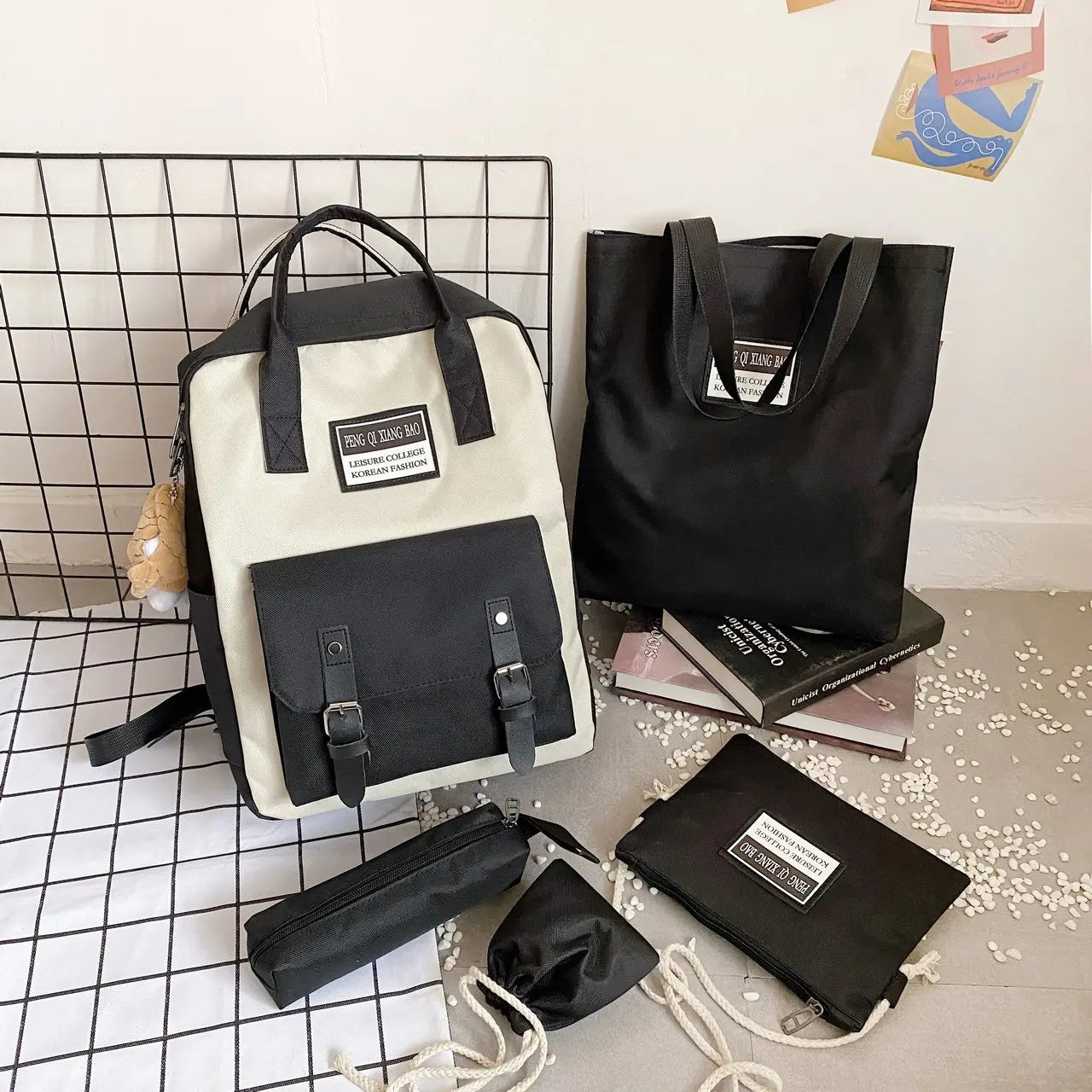 5-Piece High School Backpack Set for Teenage Girls - Canvas Travel Bookbags