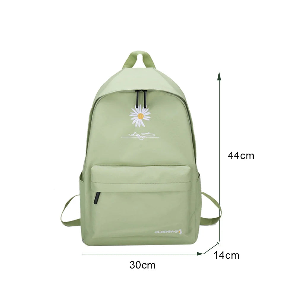 Casual Canvas Book Backpack Green Daisy Embroidery Large Capacity