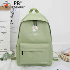 Casual Canvas Book Backpack Green Daisy Embroidery Large Capacity