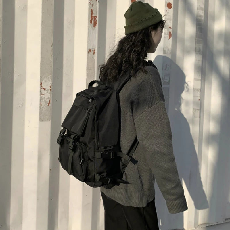 Backpack Preppy Students Button Travel Bag Solid Harajuku Retro Unisex