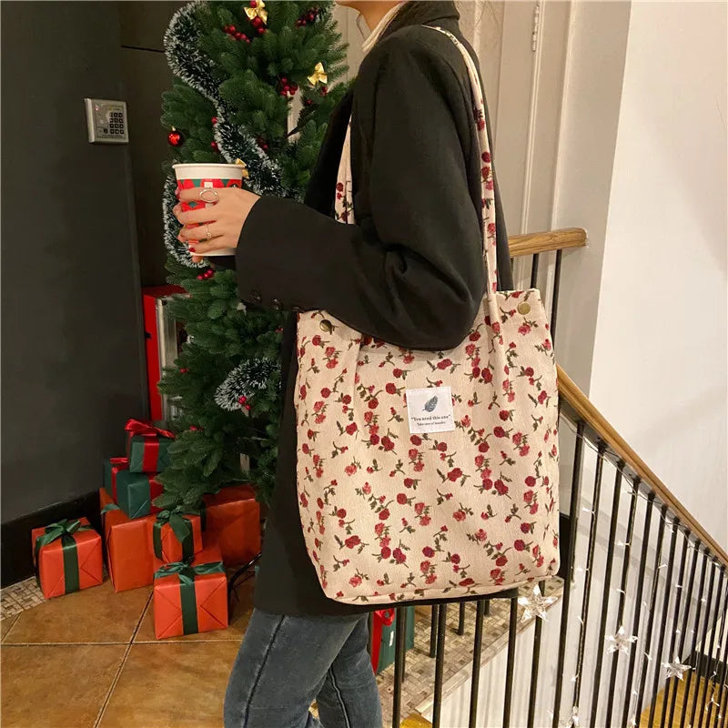 Corduroy Snap Button Shoulder Bag Large Capacity Tote Handbags