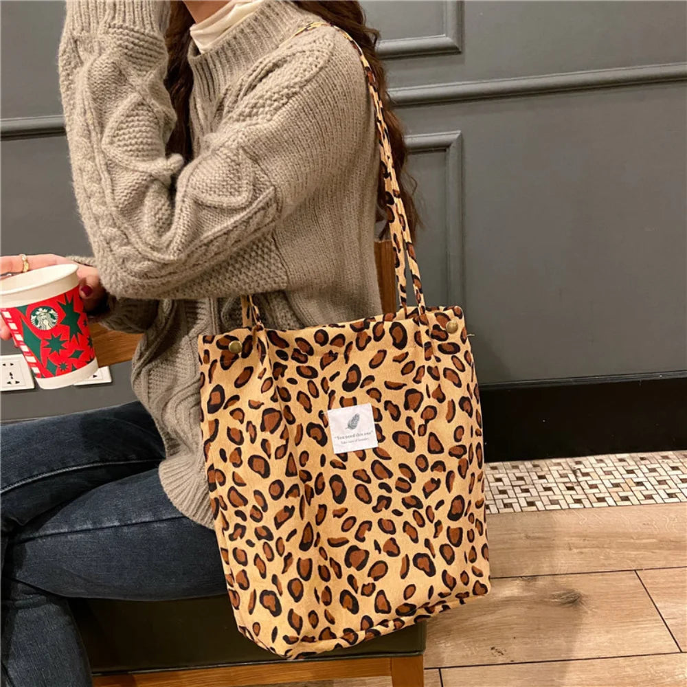Corduroy Snap Button Shoulder Bag Large Capacity Tote Handbags