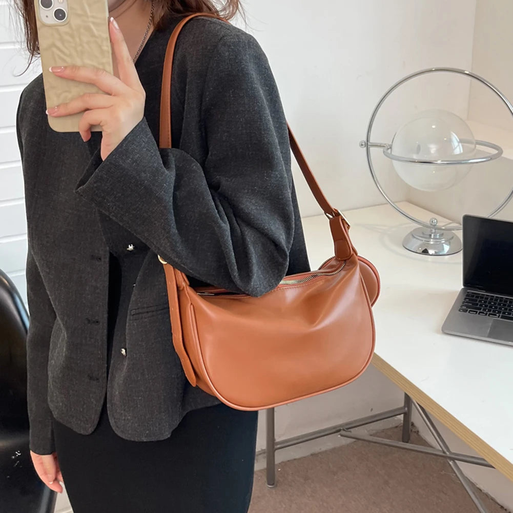 Retro Casual Women's Totes Shoulder Bag Half Moon PU Leather Handbags