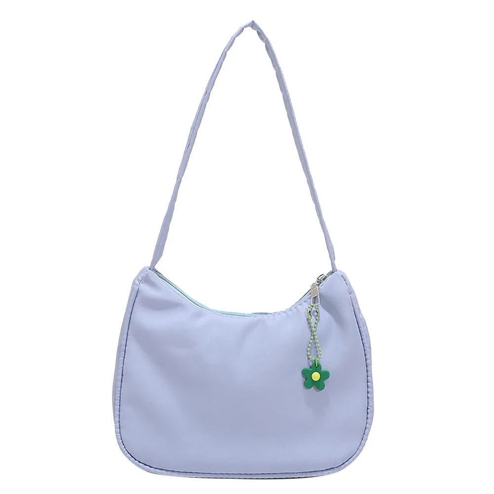Nylon Underarm Bags Female Casual Shoulder Handbags with Flower Pendant