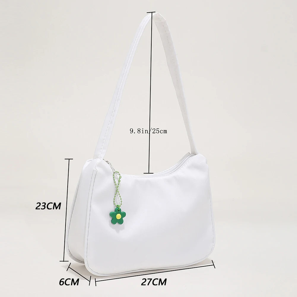 Nylon Underarm Bags Female Casual Shoulder Handbags with Flower Pendant