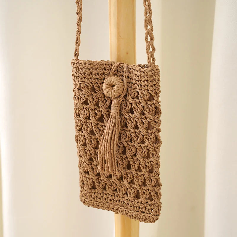 Vintage Straw Tassel Mini Crossbody Bag for Summer Beach