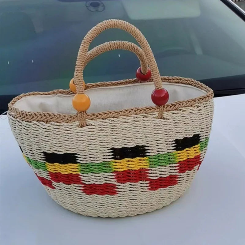 Striped Tassel Beach Bag for Women Paper Rope Woven Shopper Purses