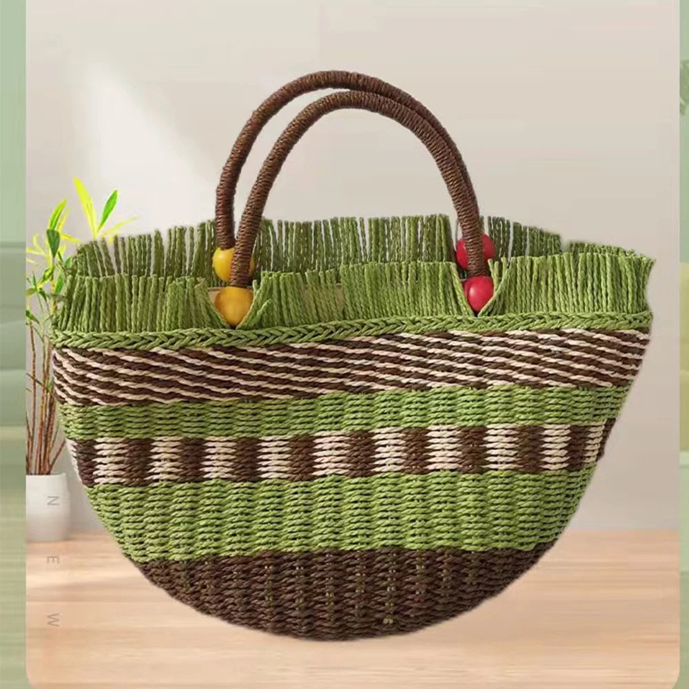 Striped Tassel Beach Bag for Women Paper Rope Woven Shopper Purses