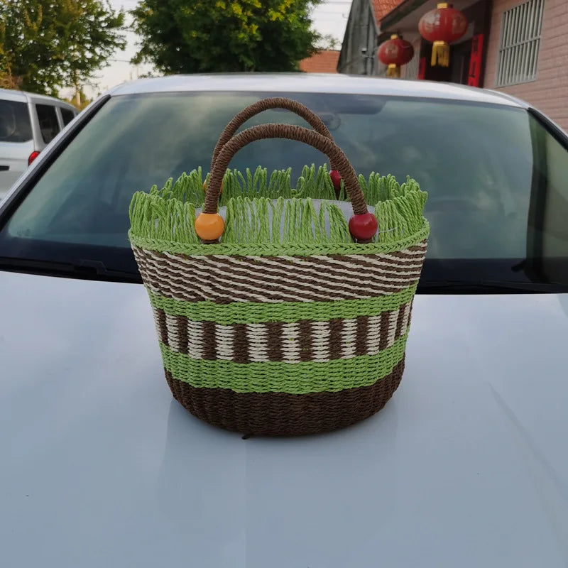 Striped Tassel Beach Bag for Women Paper Rope Woven Shopper Purses