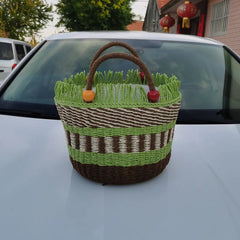 Striped Tassel Beach Bag for Women Paper Rope Woven Shopper Purses