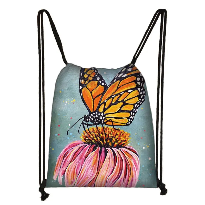 Butterfly Floral Backpack Women Storage Bags for Travel Ladies Drawstring Bags