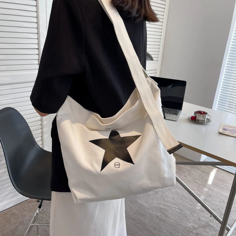 Star Canvas Shoulder Bags Casual Large Size Travel Bags Leather Diamond Bling Sh