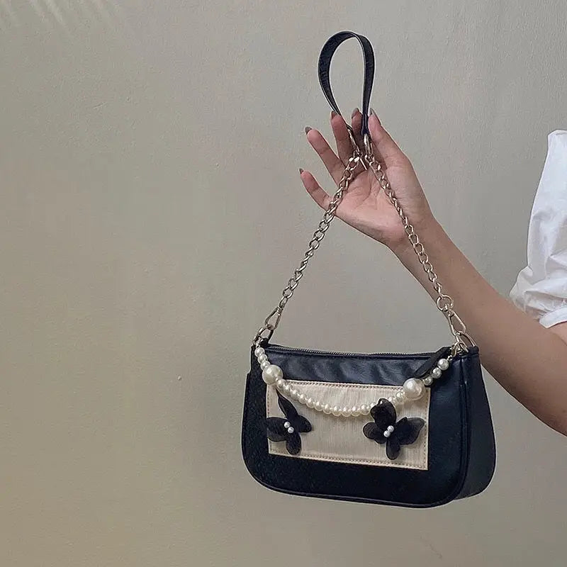Butter-fly Underarm Shoulder Bags French Retro Pearls Party Sweet Girls