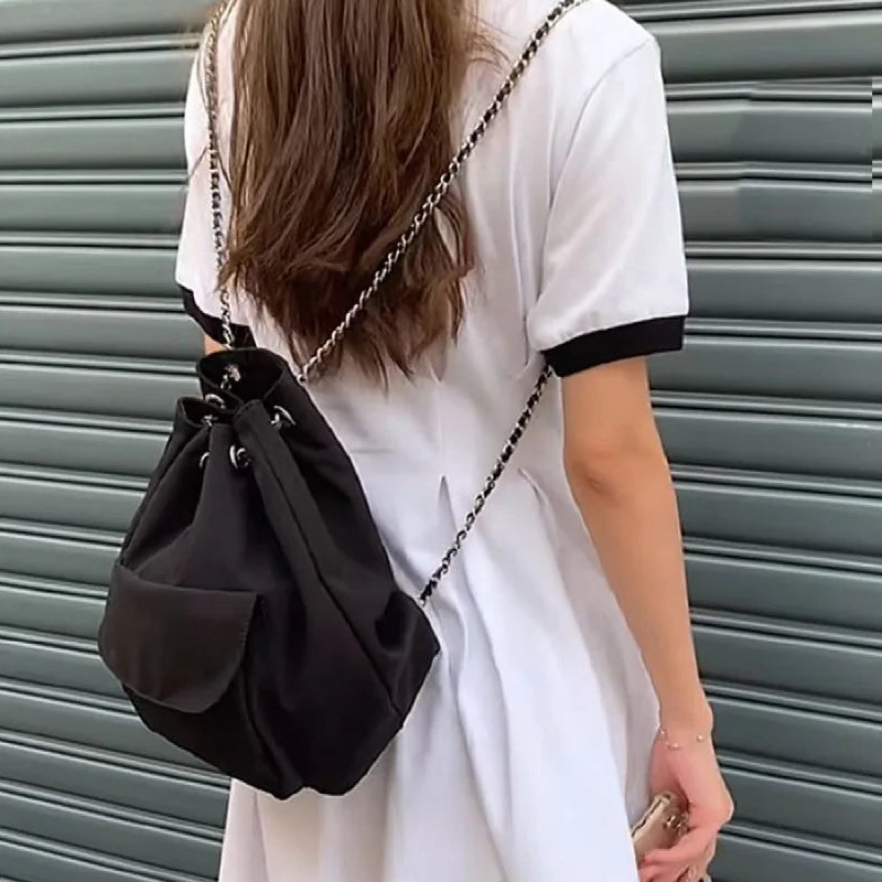 Women's Casual Drawstring Chain Bucket Bag Nylon Backpack