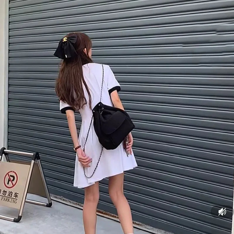 Women's Casual Drawstring Chain Bucket Bag Nylon Backpack