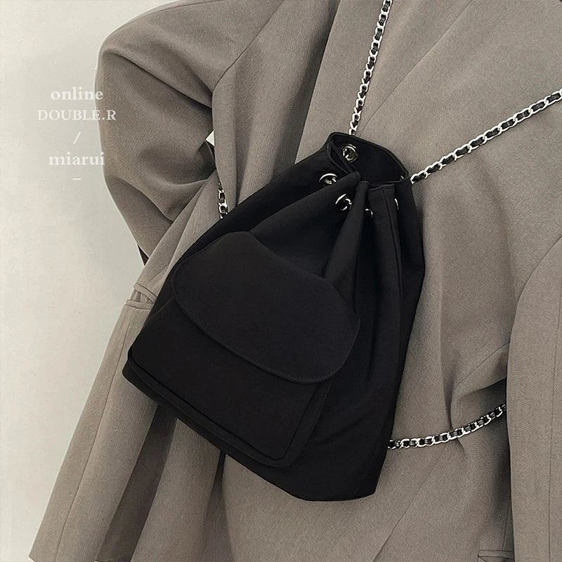 Women's Drawstring Chain Bucket Backpack Casual Travel Bag