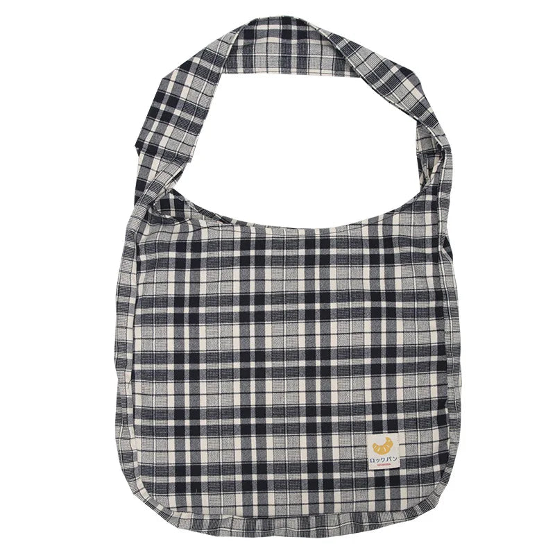 Plaid Women Shoulder Bag Soft Cloth Fabric Handbag Large Capacity Tote Sanded Ca
