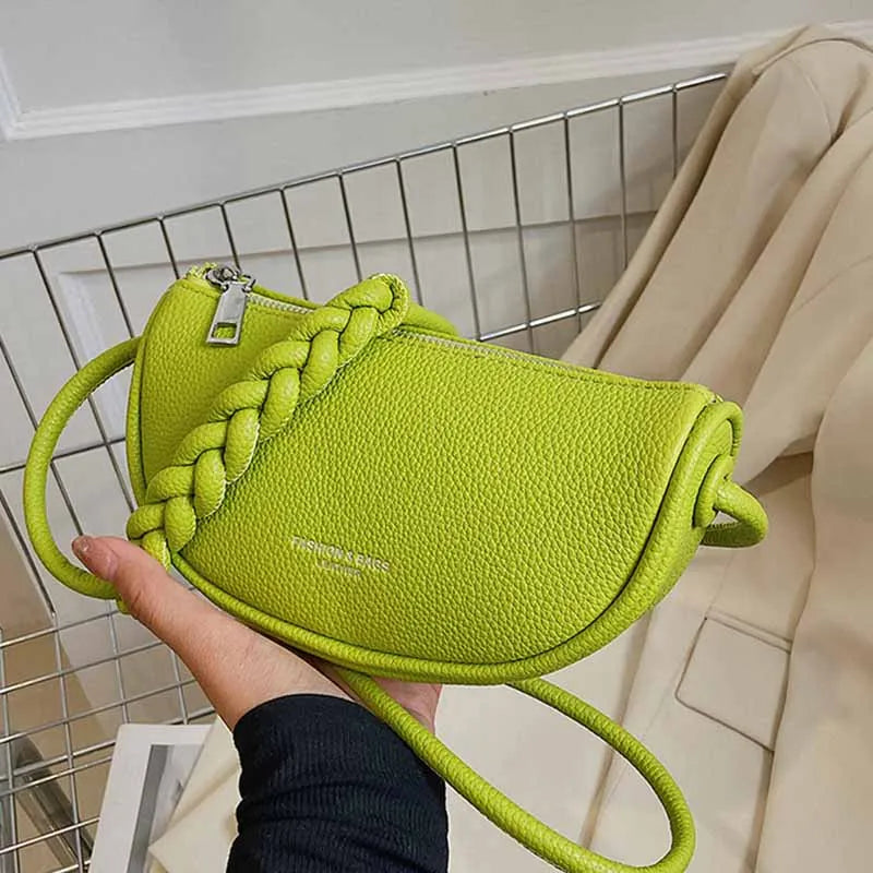 Pu Braided Shoulder Strap Letter Woman Half Moon Bag