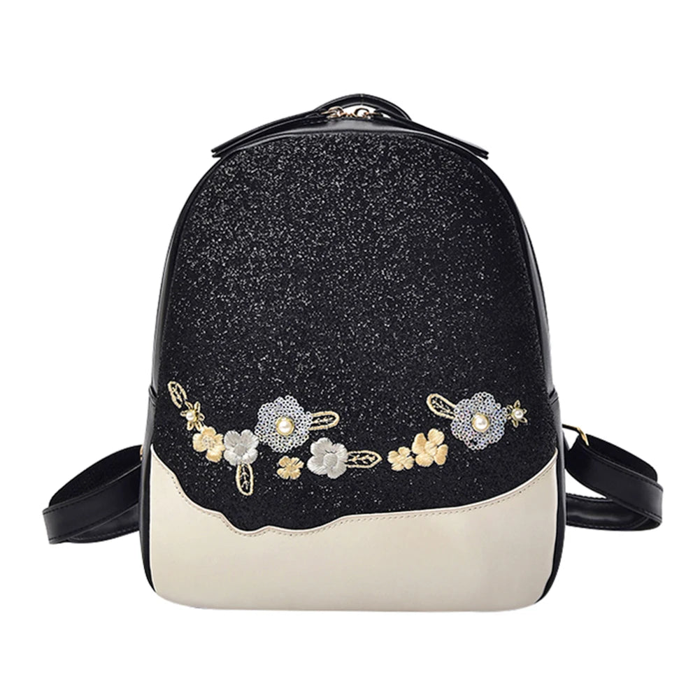 Floral Sequin Backpack Women Shining School Bag Teen Love Handbag