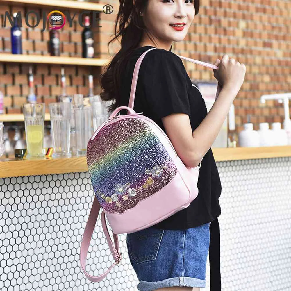 Floral Sequin Backpack Women Shining School Bag Teen Love Handbag