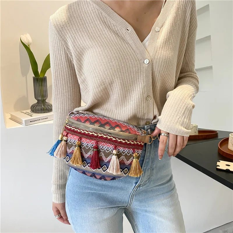 Boho Style Women Waist Bag Adjustable Strap Zipper Chest Bag