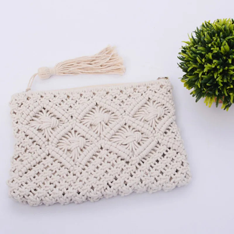 Bohemian Woven Tassel Straw Clutch