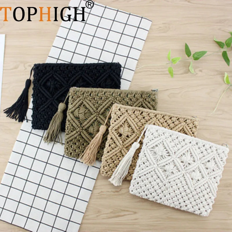 Bohemian Woven Tassel Straw Clutch