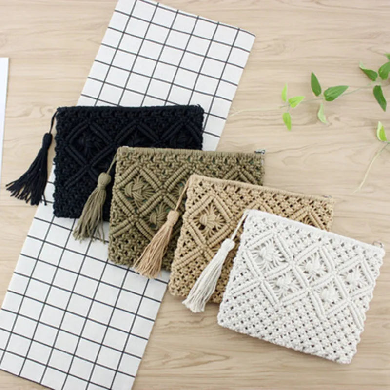 Bohemian Woven Tassel Straw Clutch