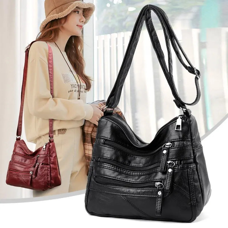 Women's Soft Leather Shoulder Bags Multi-Layer Crossbody Handbag Purse