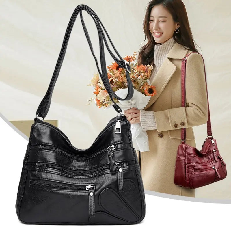 Women's Soft Leather Shoulder Bags Multi-Layer Crossbody Handbag Purse