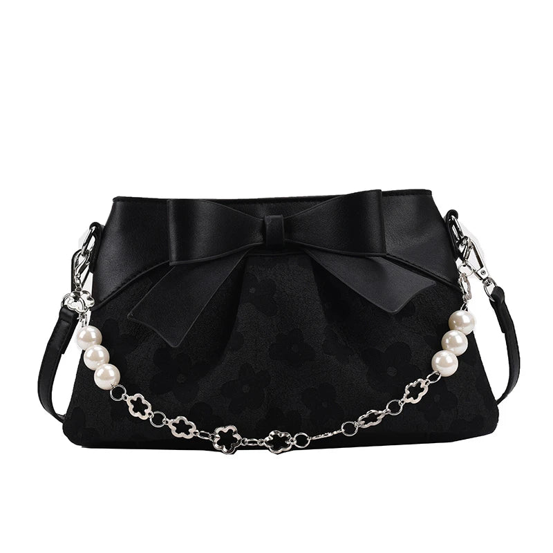 Sweet PU Leather Handbag with Pearls Beading