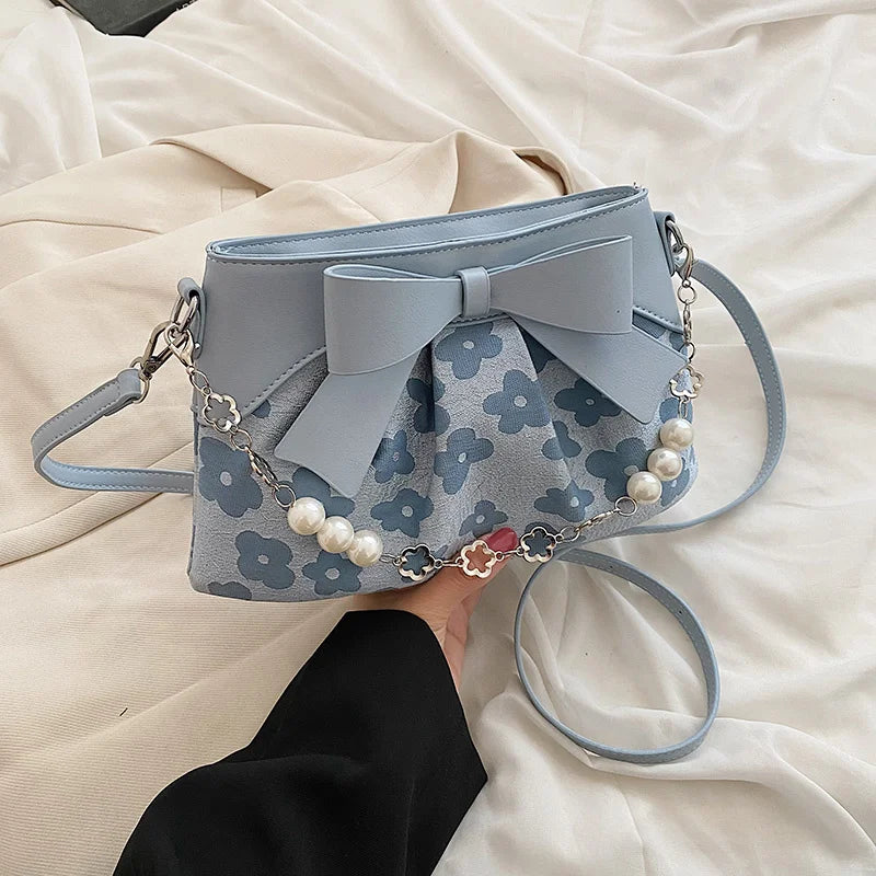 Sweet PU Leather Handbag with Pearls Beading