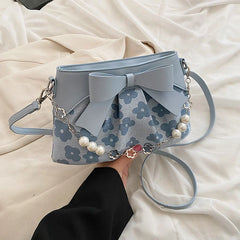 Sweet PU Leather Handbag with Pearls Beading